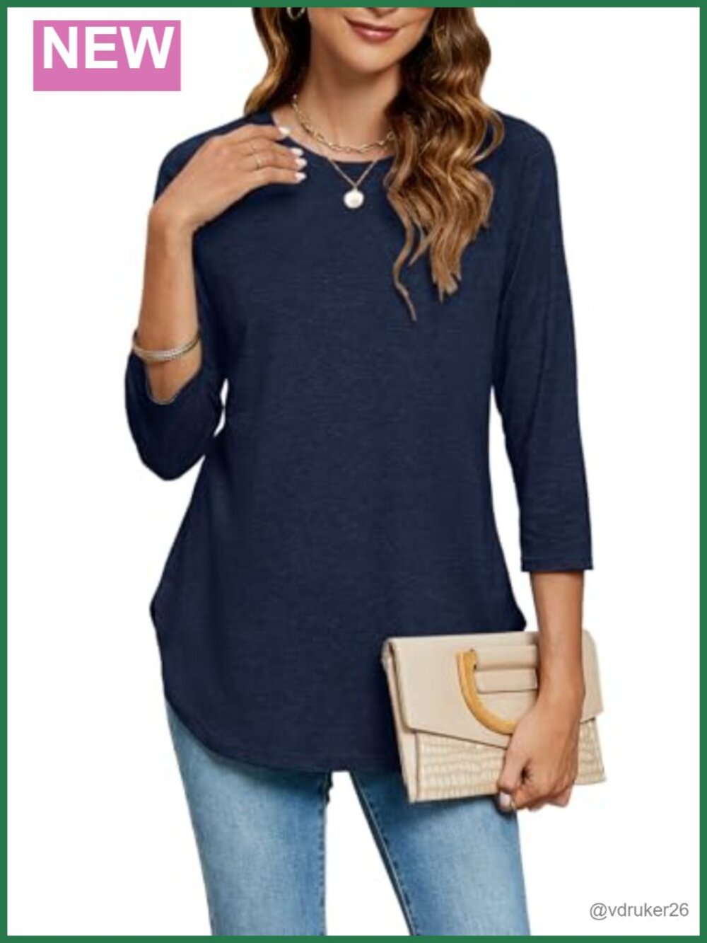 Womens 3/4 Sleeve Tunic Top Rayon Blend Loose Fit Casual Round Neck